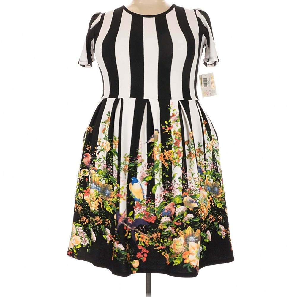 LuLaRoe Womens Dress Size 3XL Amelia Black Floral Roses Dipped Birds Striped NWT